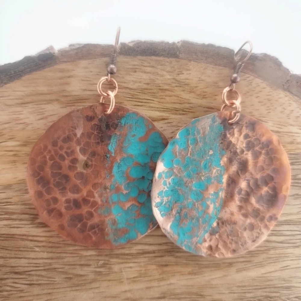 COPPER EARRINGS HANDMADE WITH BLUE & BROWN PATINA 2" APPROX - Picture 6 of 7